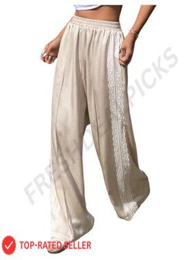Satin Lace Trim Wide Leg Lounge Pants Pockets High Waist